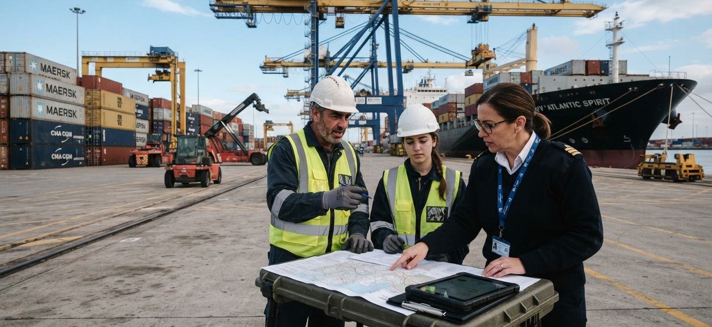 Equipo de operaciones con cascos revisando un plano frente a un buque portacontenedores en el puerto